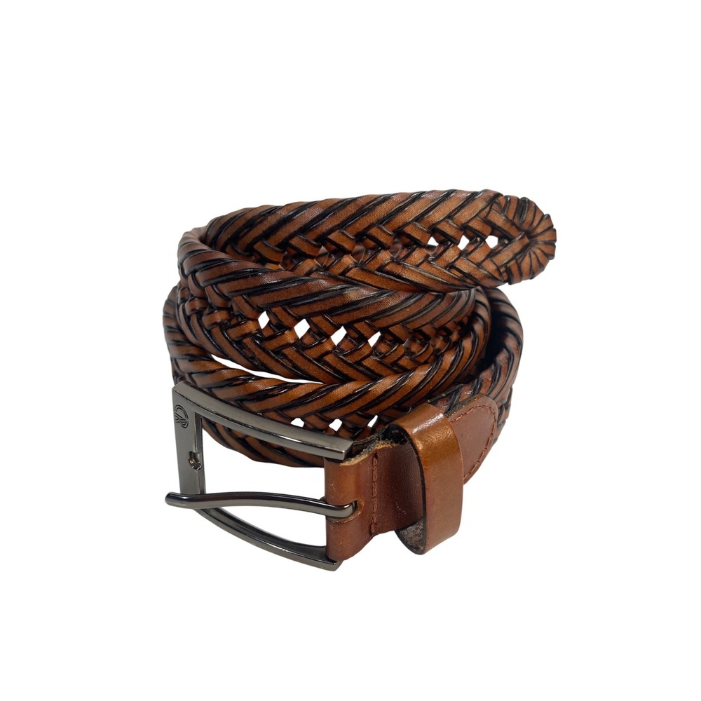 Unbranded Woven Braided Leather Belt Mens 44 Two Tone Brown Casual Slim